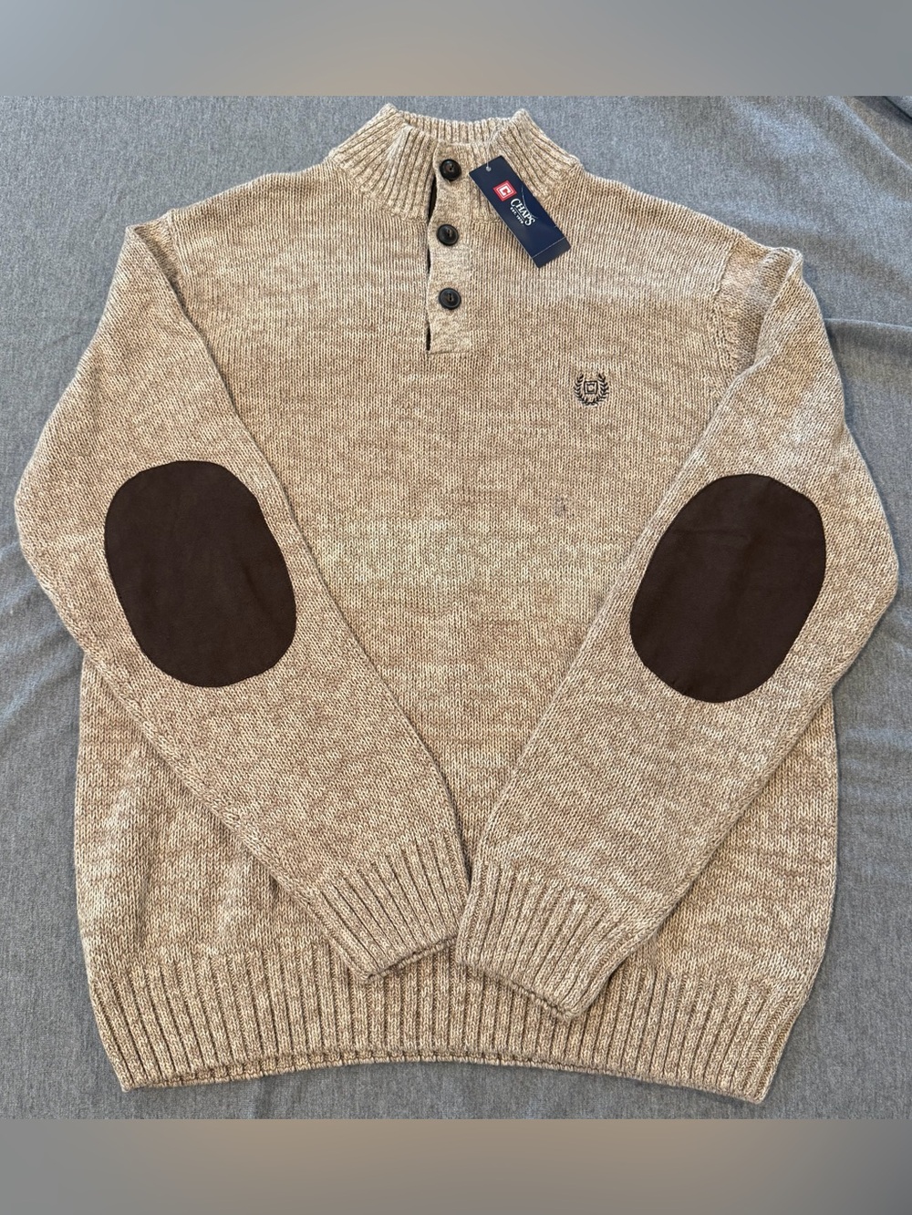 Chaps Men’s L Cotton Knit Beige Mock Neck 3-Button Pullover Sweater Elbow Patch